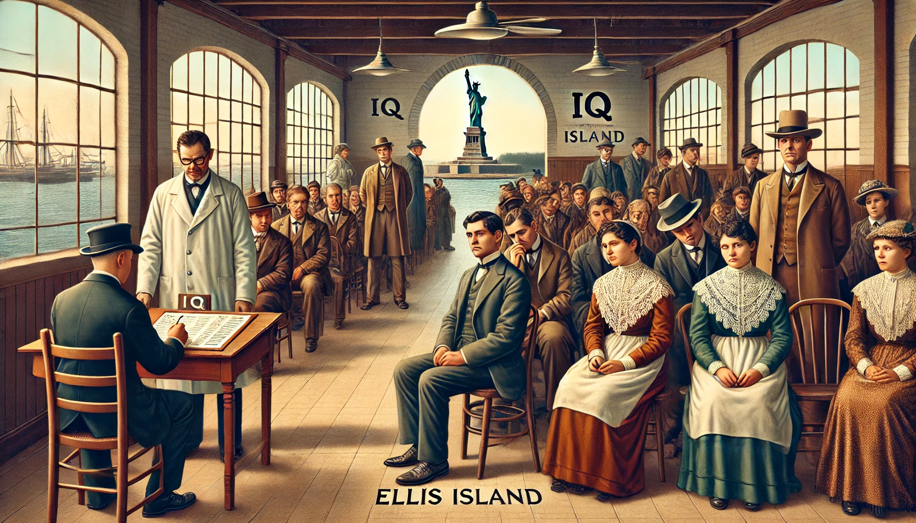 illustration depicts a historical scene at Ellis Island in the early 20th century, where newly arrived immigrants are subjected to IQ testing as part of the entry process. The image captures the tension and uncertainty faced by the immigrants, with the Statue of Liberty visible through a window in the background, symbolizing the controversial use of IQ tests in immigration policy. 