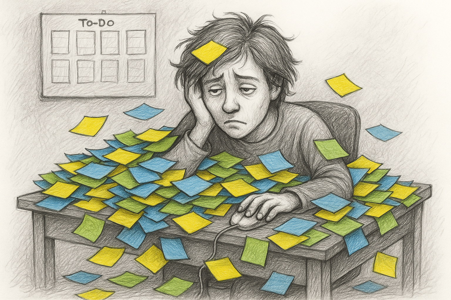 Hand-drawn illustration of an overwhelmed person sitting at a desk buried under color-coded sticky notes in blue, green, and yellow. Notes cover the desk, floor, and even the person, representing task overload and struggle with time management.