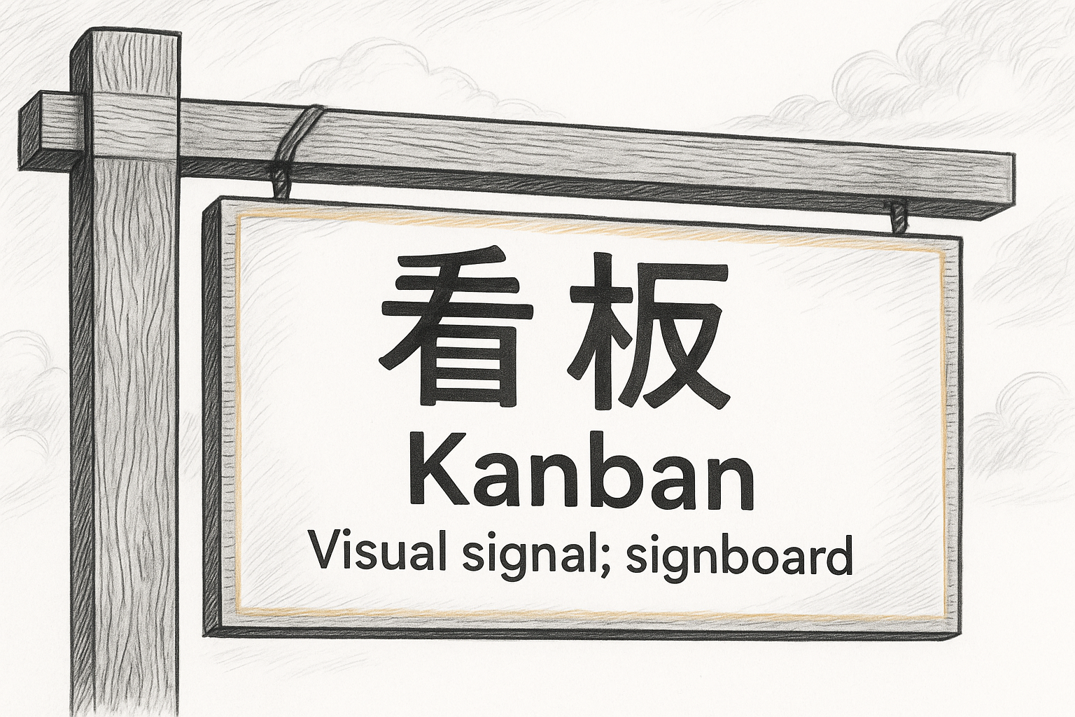 Hand-drawn illustration of a traditional Japanese signboard with the characters 看板 and the word ‘Kanban’ in English, featuring the definition ‘Visual signal; signboard’ to represent the origin and meaning of the Kanban method.