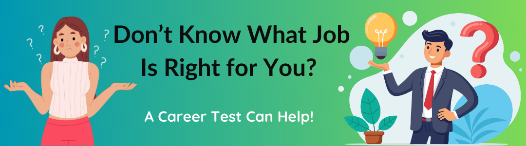 Illustration of a confused woman and confident man with question marks and a lightbulb, promoting the idea that a career test can help you find a job that fits you.