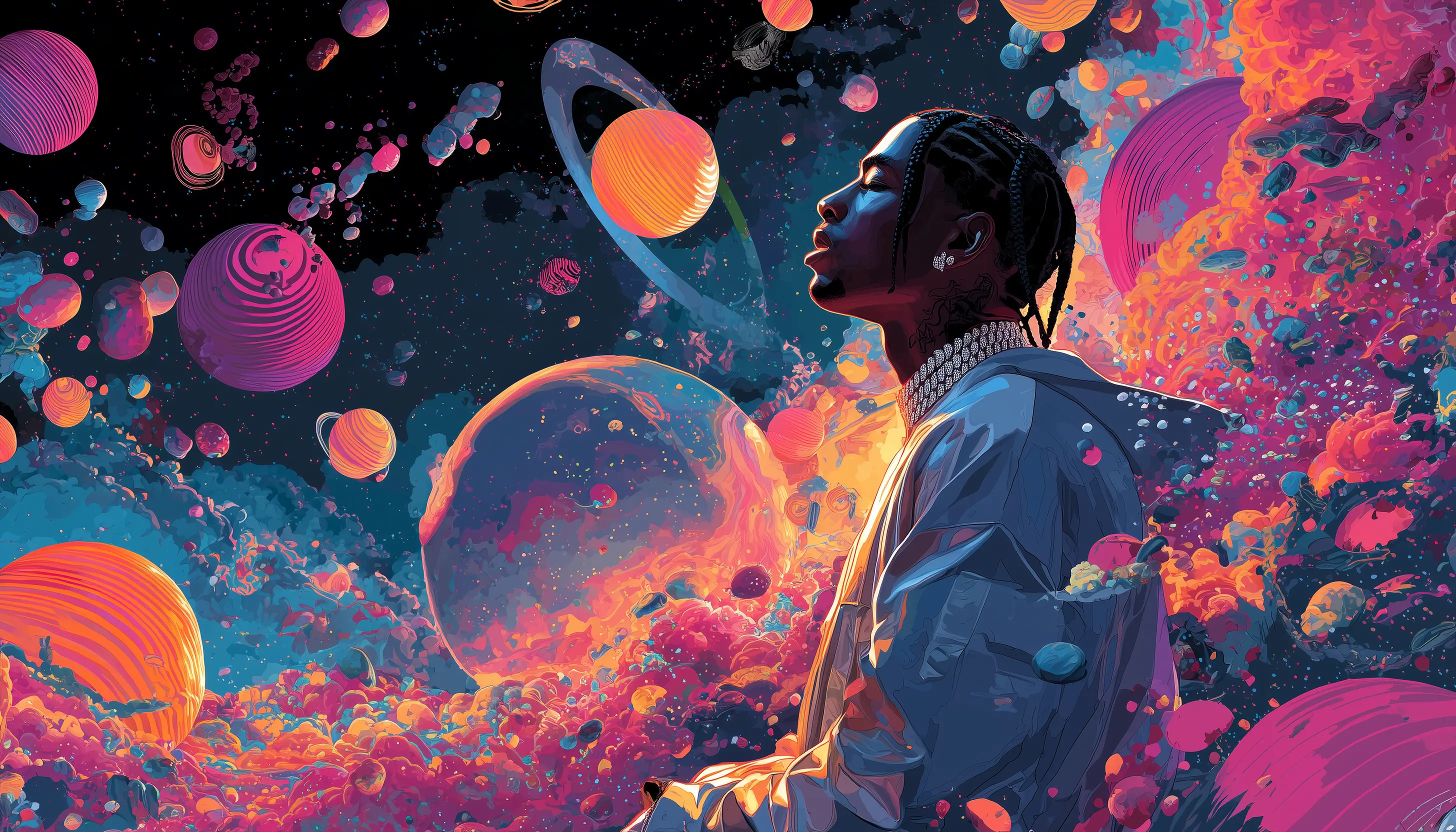 Surreal image of Travis Scott in space
