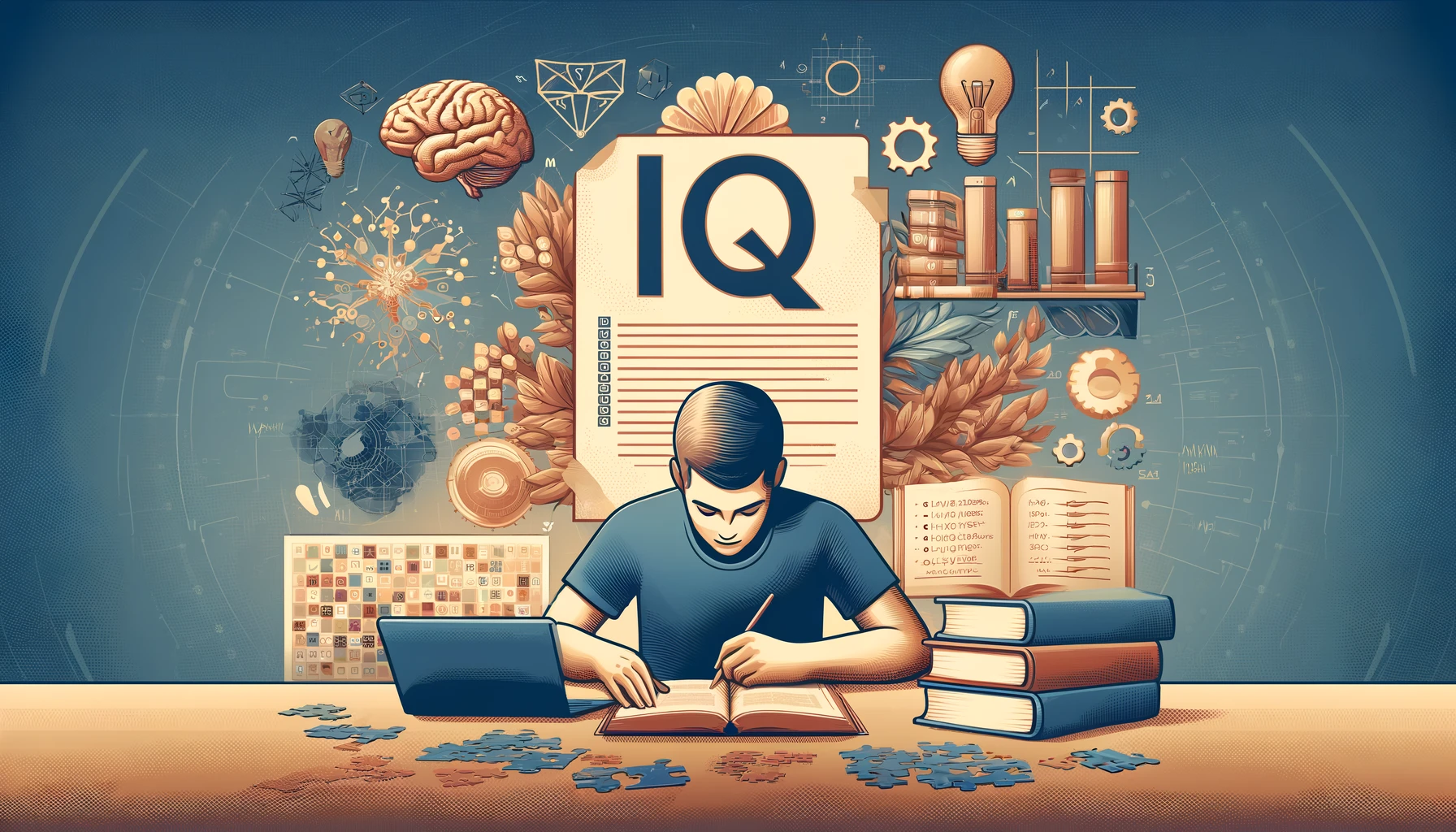 Preparation: An illustration of a person preparing for an IQ test, surrounded by study materials like books, puzzles, and practice tests.