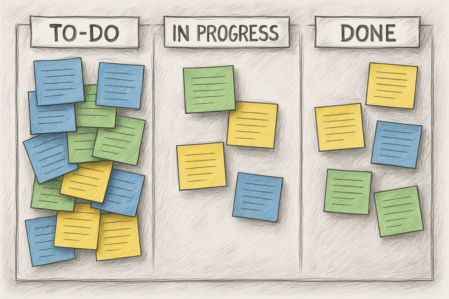 Hand-drawn Kanban board illustration with colorful task cards in blue, green, and yellow across To-Do, In Progress, and Done columns, emphasizing visual time management.