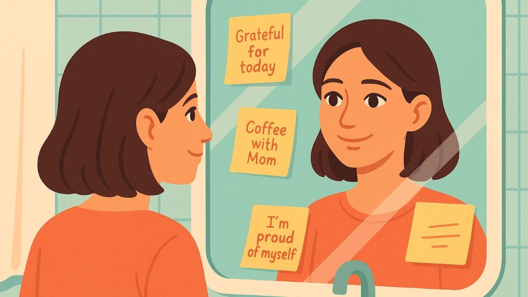 Woman reflecting on gratitude affirmations during 3-minute morning exercise.