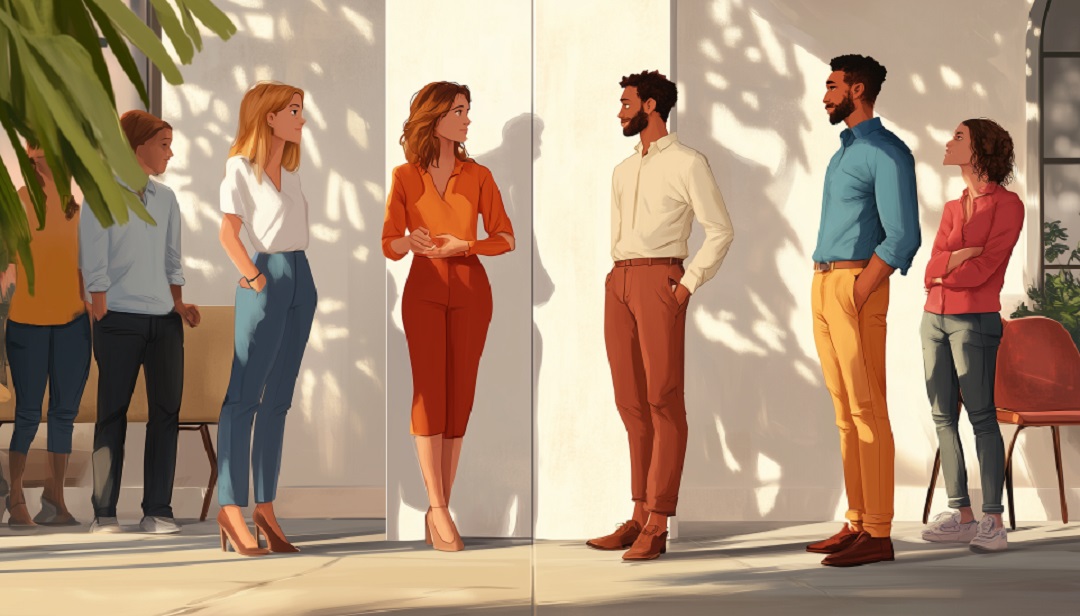 Visual representation of 3w2 vs 3w4 key differences with people in contrasting social settings.