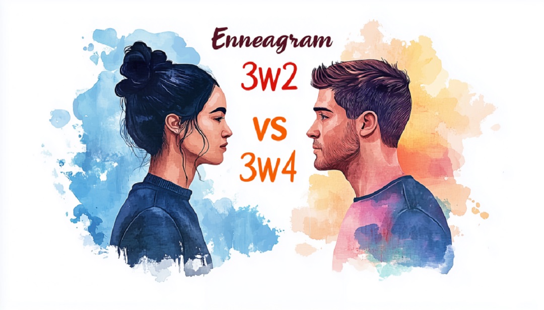 Enneagram 3w2 vs 3w4 comparison showing two people facing each other with watercolor backgrounds.