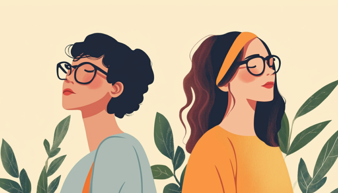 Two thoughtful individuals with glasses representing Enneagram 4w5 strengths and weaknesses in minimalist illustration style.