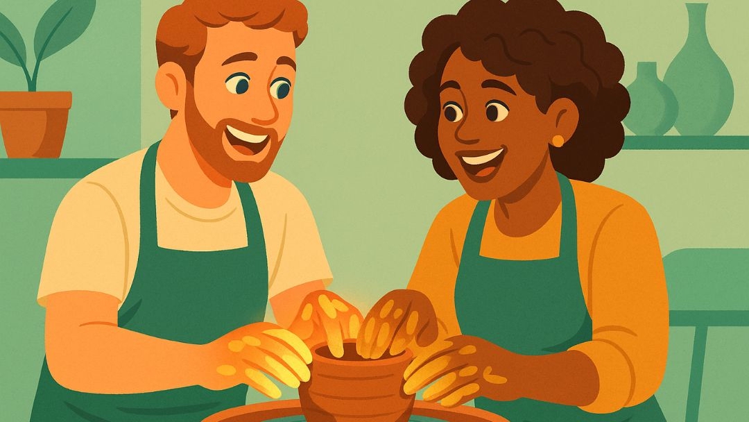 Couple doing pottery together showing activity as one of the 7 love languages.
