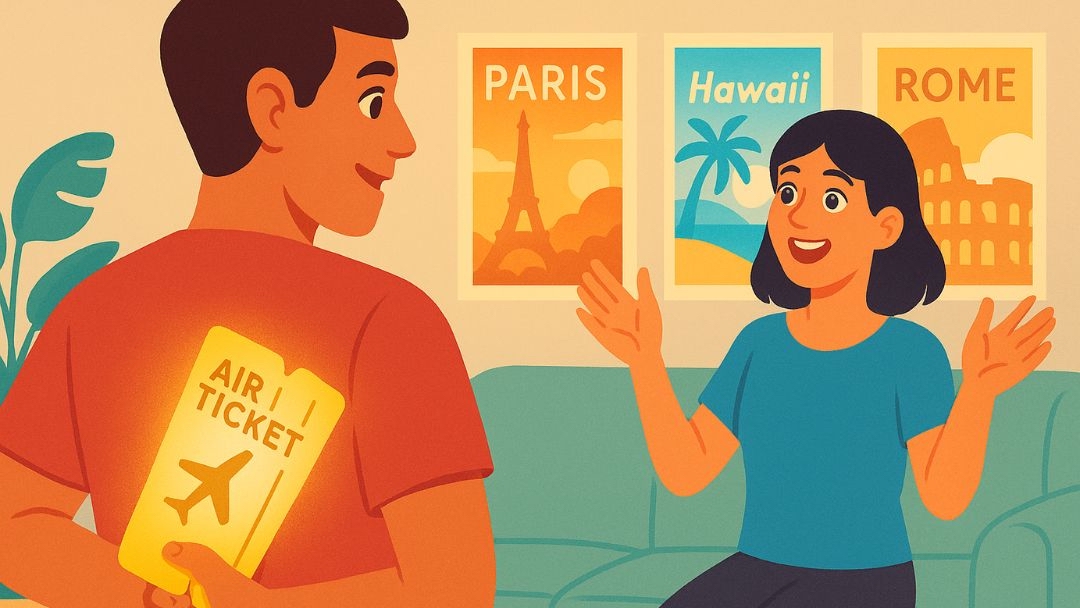 Partner surprising with travel gift showing financial generosity as one of the 7 love languages.