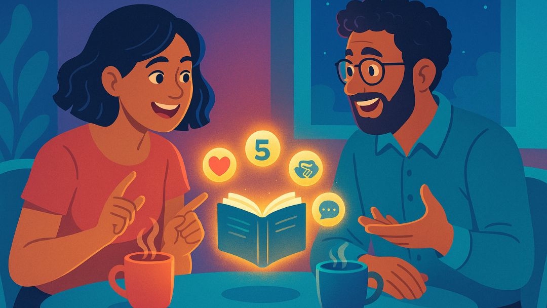 Couple sharing intellectual conversation and ideas demonstrating one of the 7 love languages.