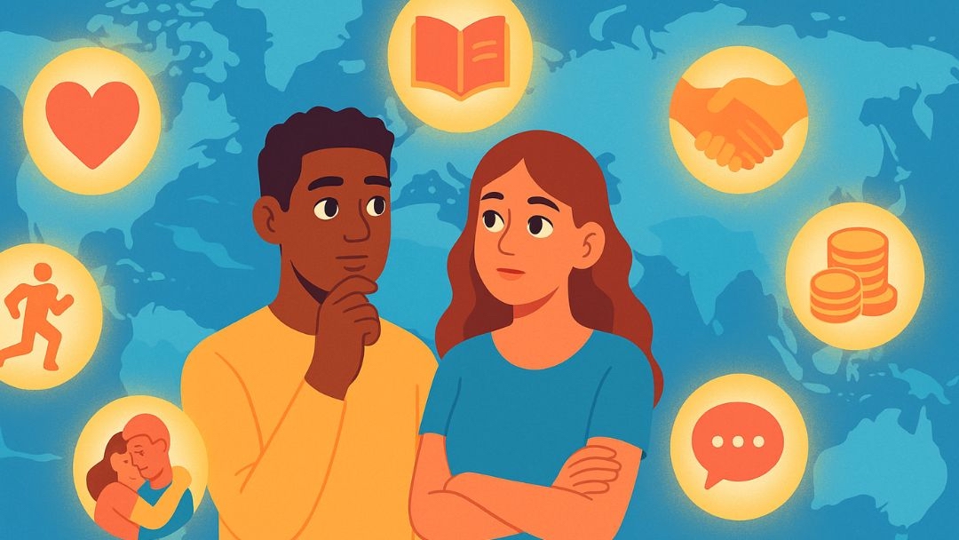 Couple surrounded by icons representing the 7 love languages in modern relationships.