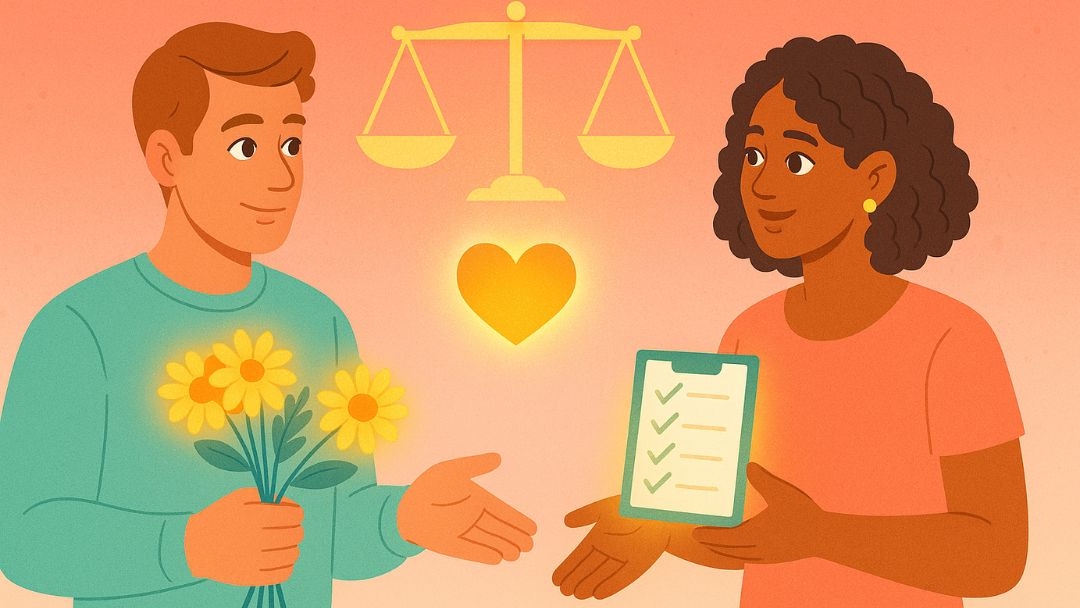Couple balancing different love languages with flowers and checklist representing the 7 love languages.