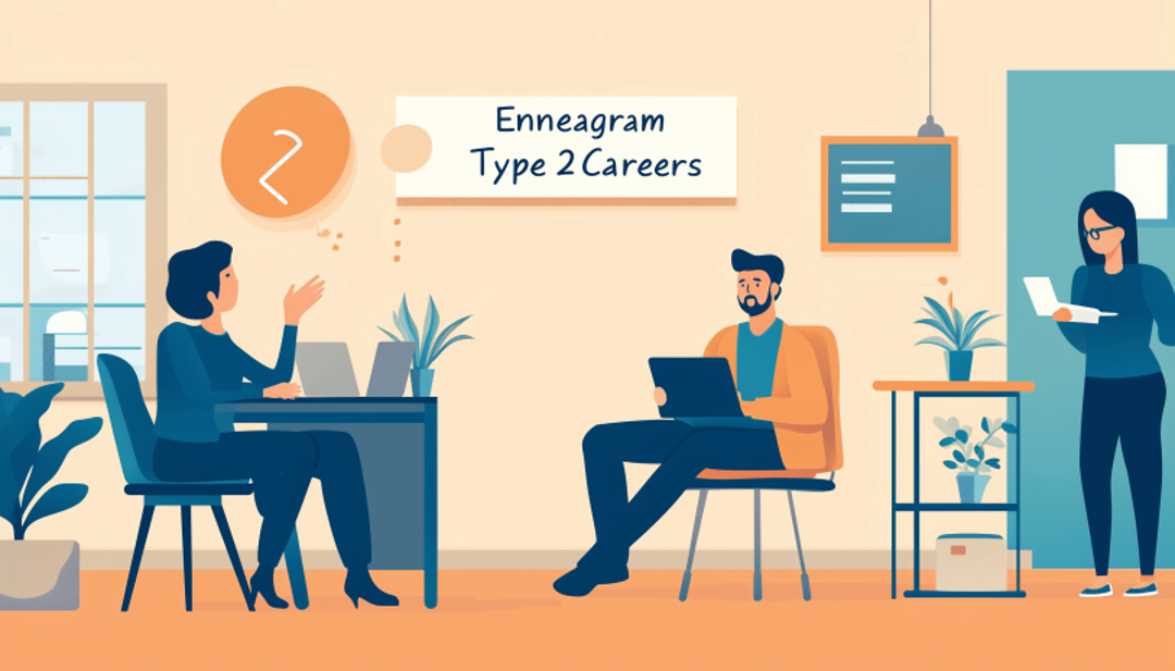 Enneagram Type 2 careers showing helpful professionals collaborating in office space.