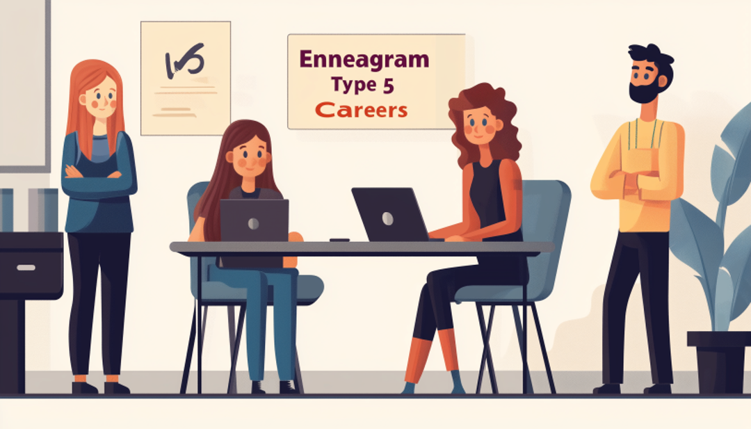 Diverse professionals in office setting discussing Enneagram Type 5 careers and job options.