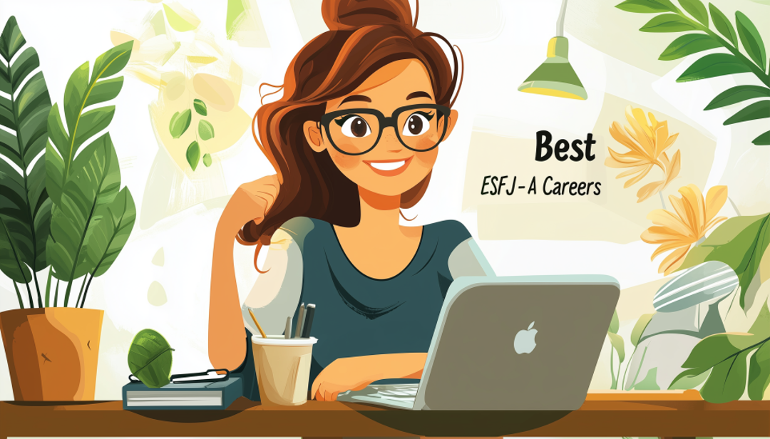 Professional woman exploring ESFJ-A careers on laptop in home office.