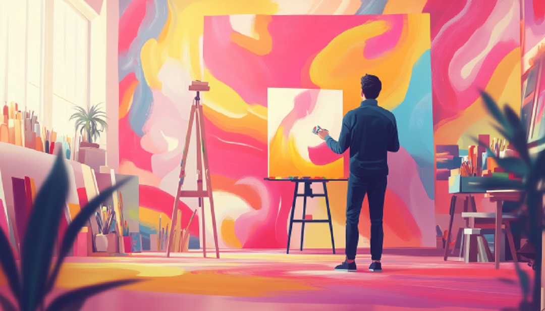 Artist painting in colorful studio representing creative Big 5 Openness jobs and careers.