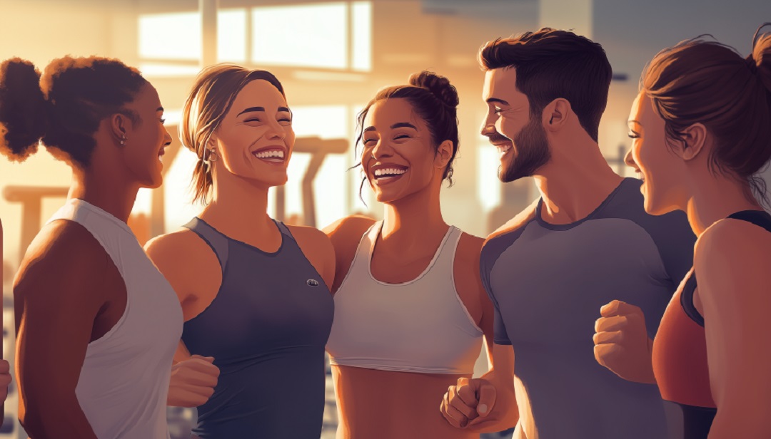 Group of people exercising together showing positive personality change.