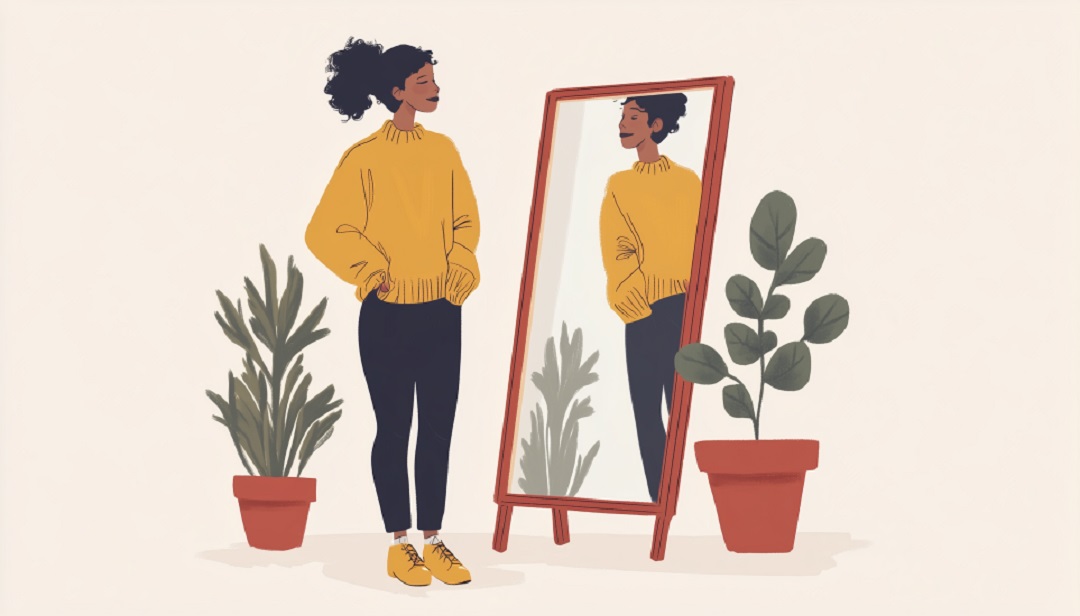 Woman looking in mirror reflecting on how to change your personality.