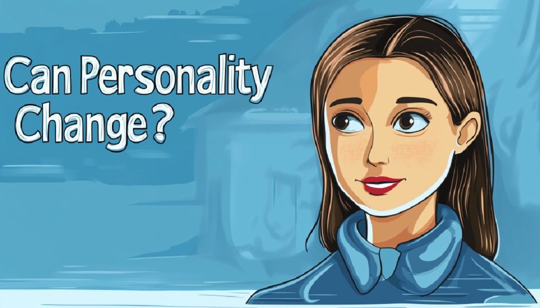 Woman contemplating can personality change with blue background.