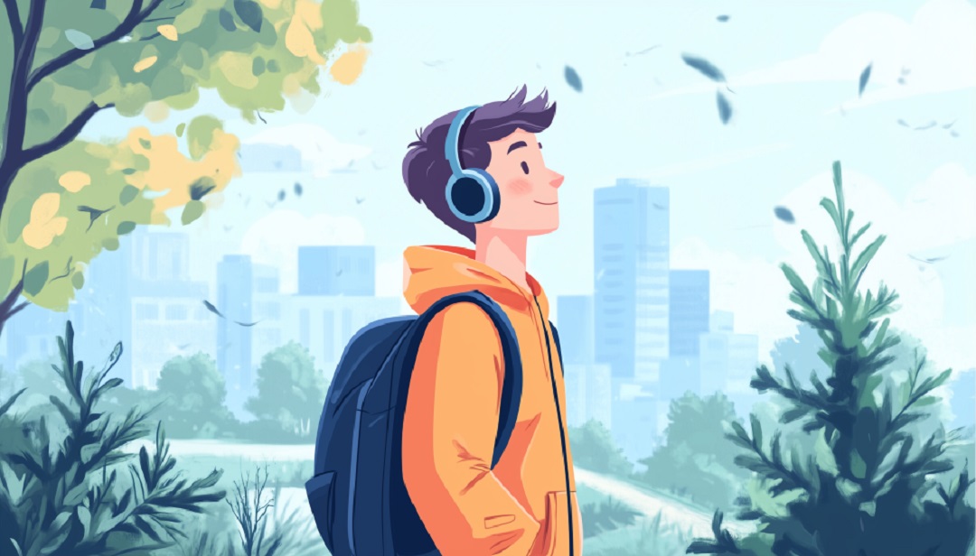 Person with headphones outdoors representing personality change journey.