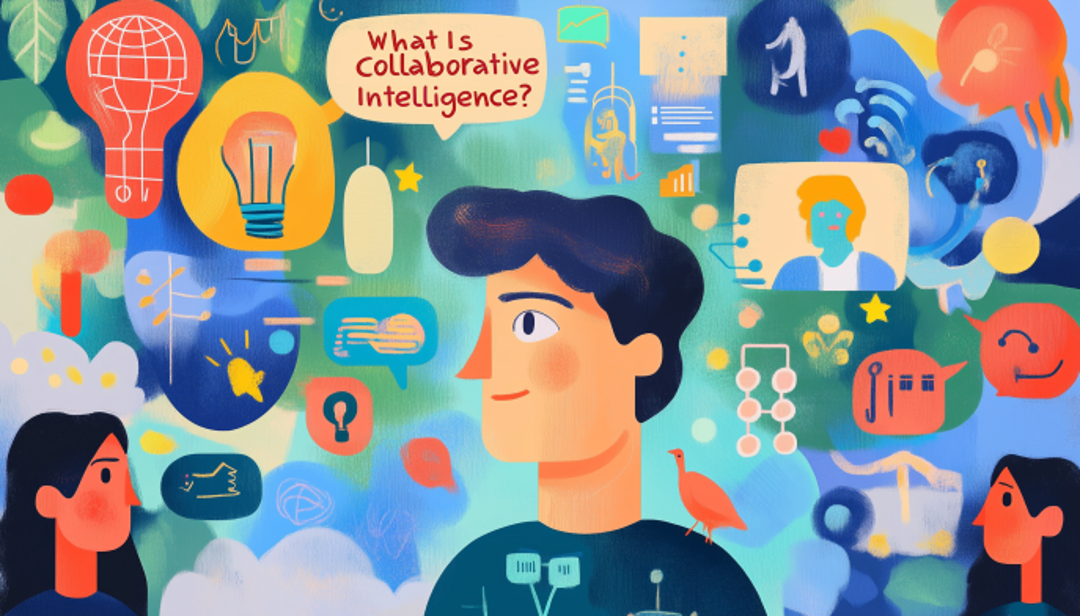 Illustration of people sharing ideas and technology concepts to explain what collaborative intelligence means.