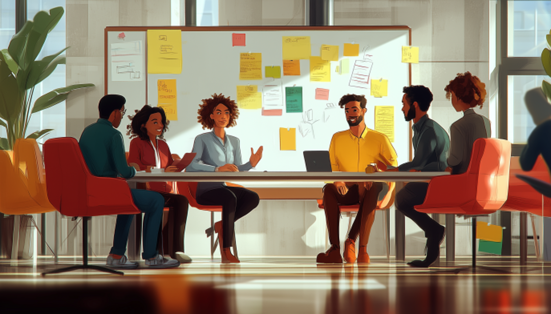 Diverse team collaborating in a meeting room with notes on a whiteboard, illustrating key traits of collaborative intelligence.