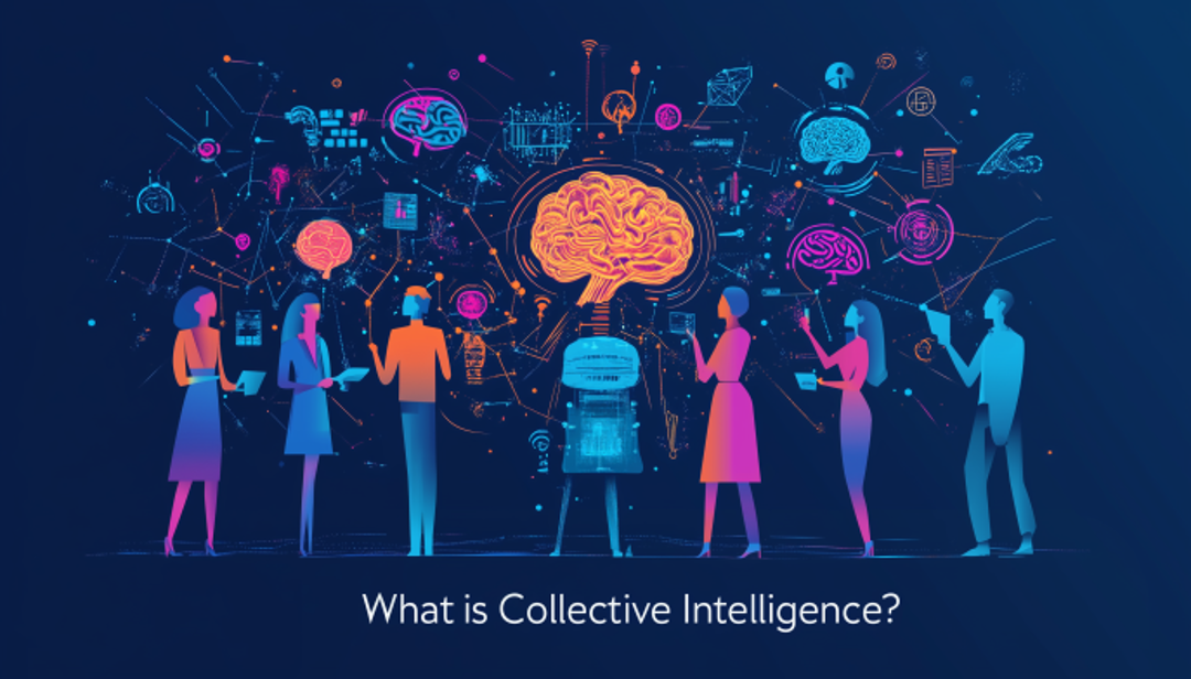 Collective intelligence concept showing connected minds and networked brain symbols.