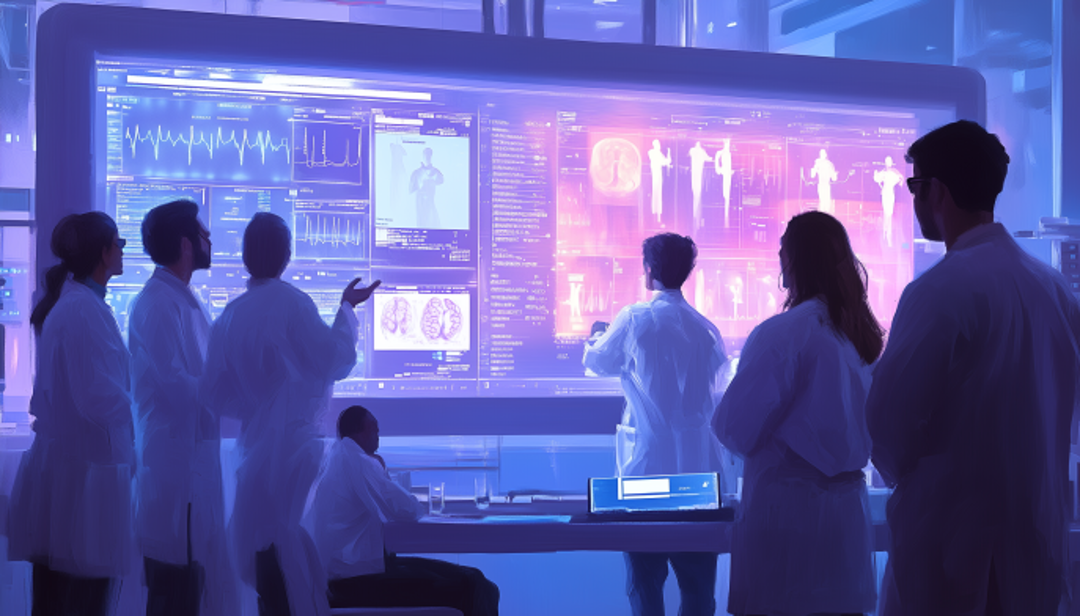 Medical team using collective intelligence to analyze complex healthcare data and research.