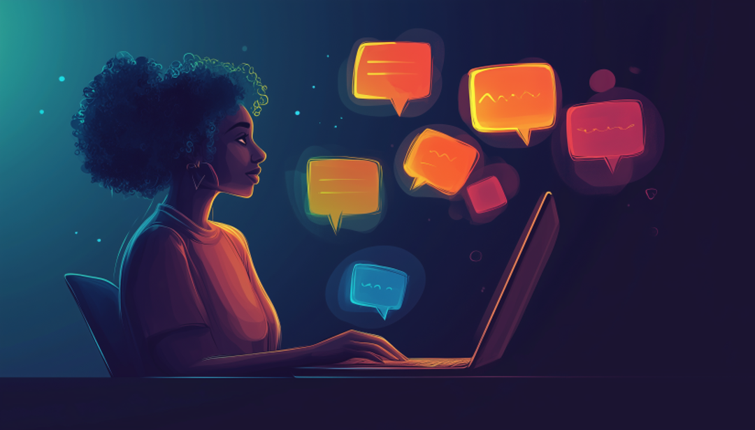 Person engaging in collective intelligence through online communication and idea sharing.
