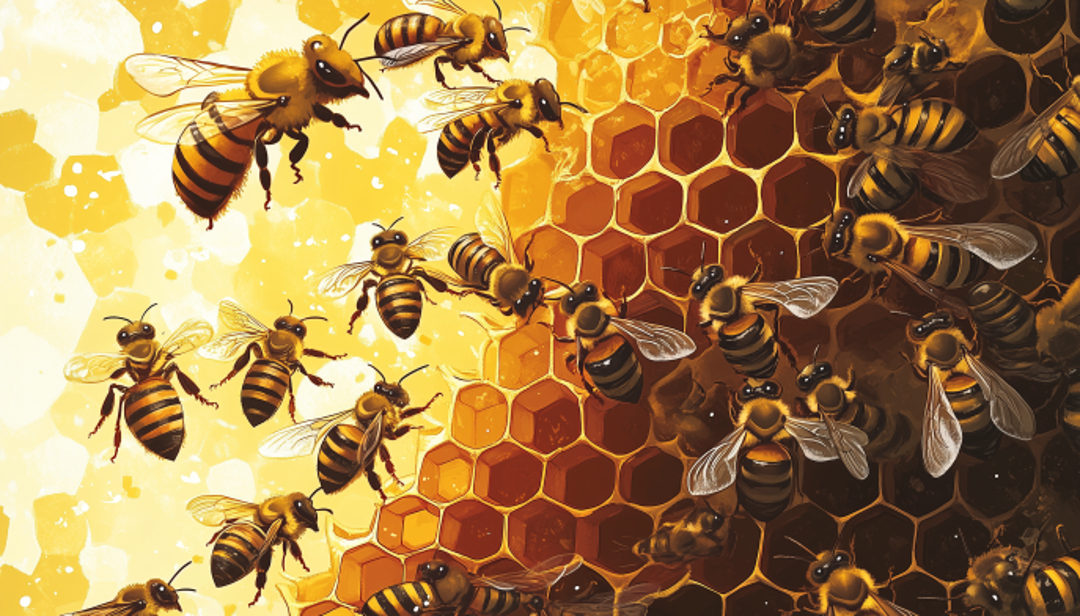 Bees on honeycomb illustrating natural collective intelligence and hive mind behavior.