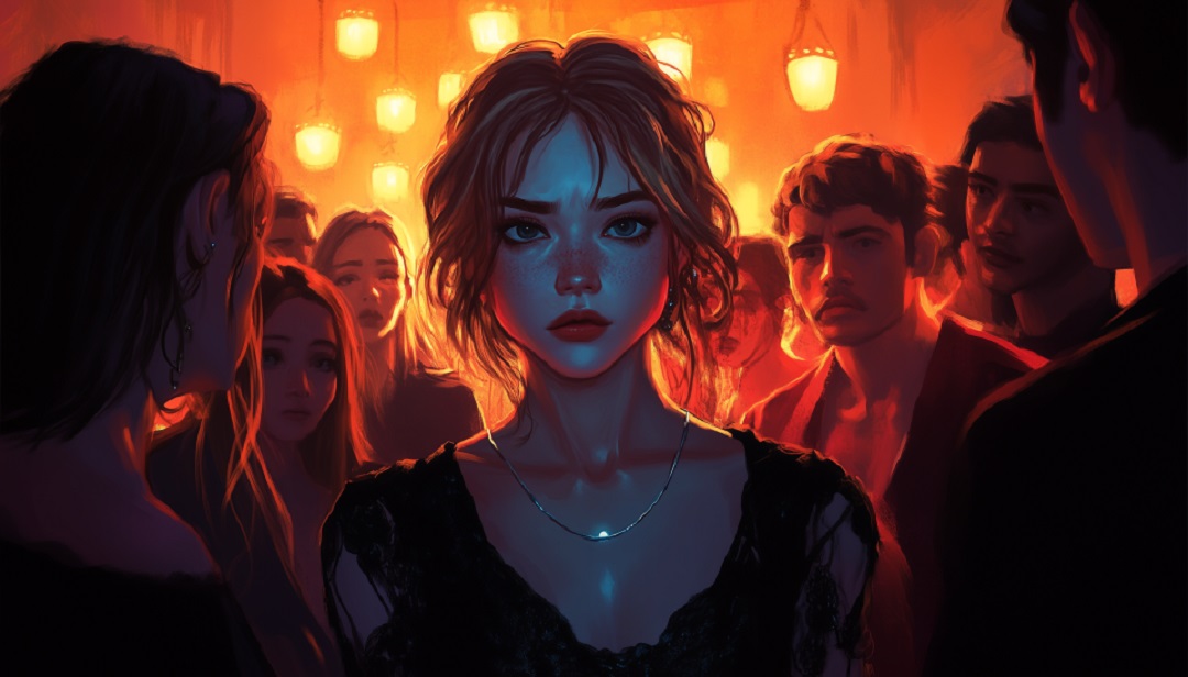 Dark empath displaying charismatic presence while surrounded by potential targets in social setting.