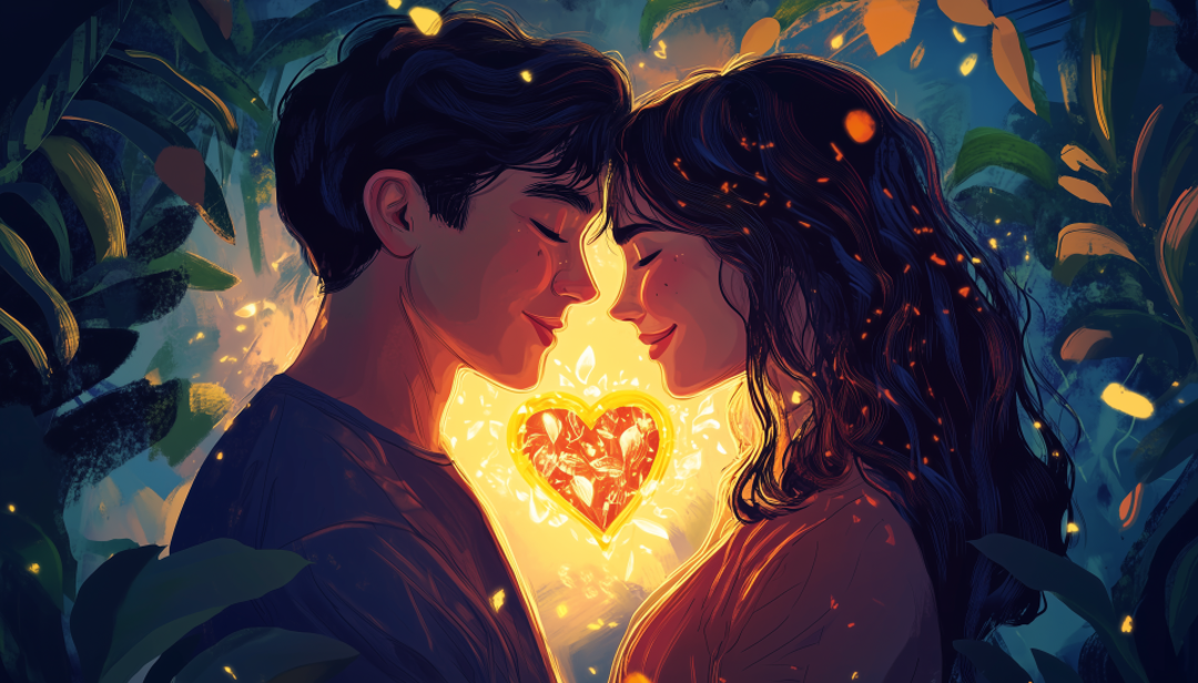Romantic couple with glowing heart illustrating ENFJ compatibility in relationships.