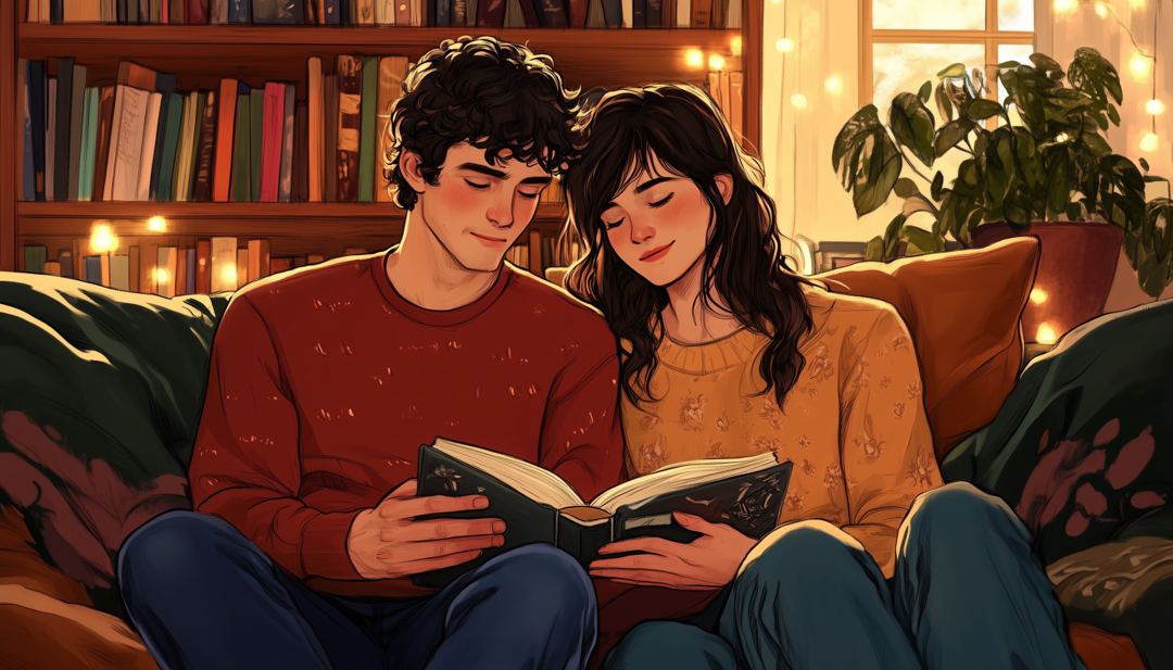 Couple reading together showing strong ENFJ compatibility and emotional connection.
