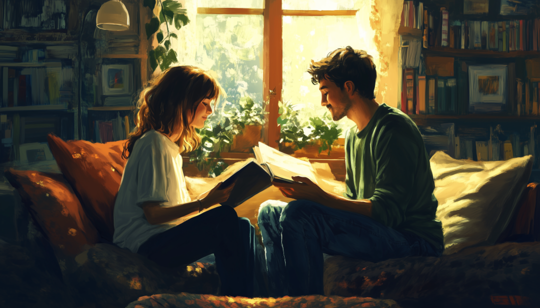 Couple sharing books in cozy setting showing ENFJ compatibility in romantic relationships.