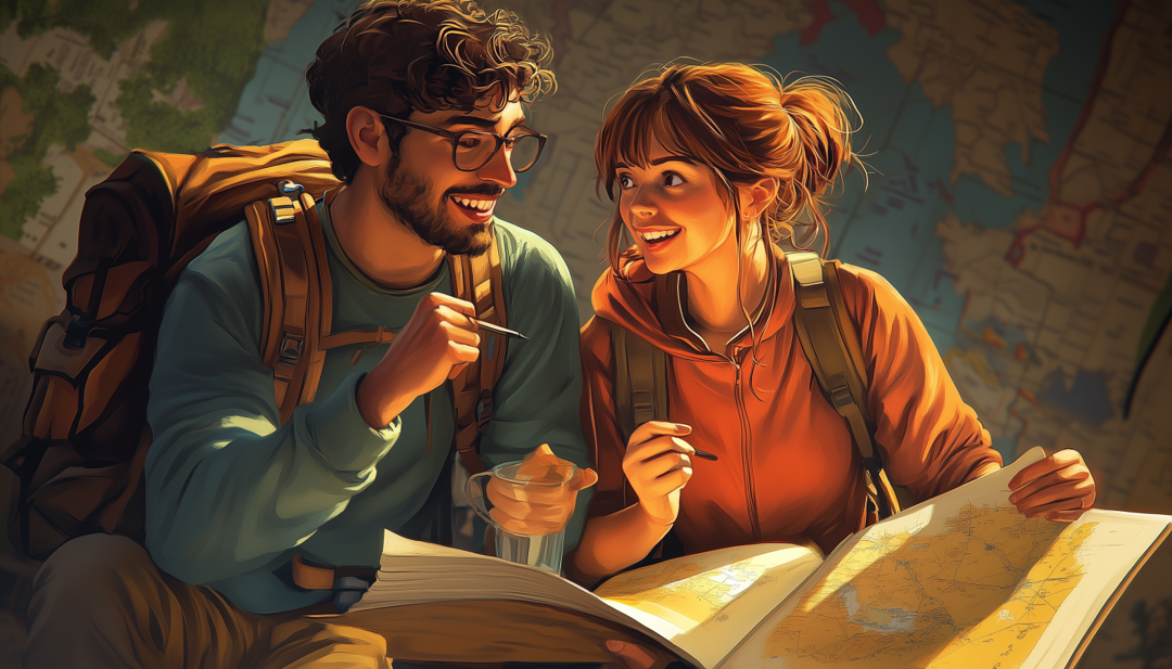 Adventure couple planning journey illustrating ENFJ compatibility in shared experiences.