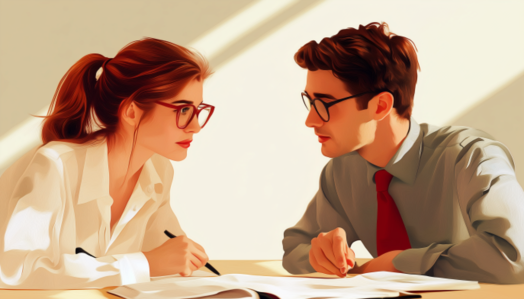 Two professionals in focused strategic discussion showing ENTJ personality traits in workplace collaboration.