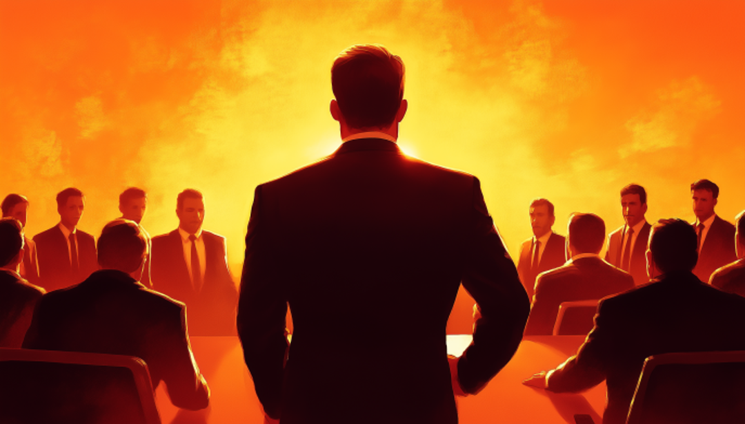 Business leader commanding boardroom meeting demonstrating ENTJ personality type leadership and authority.