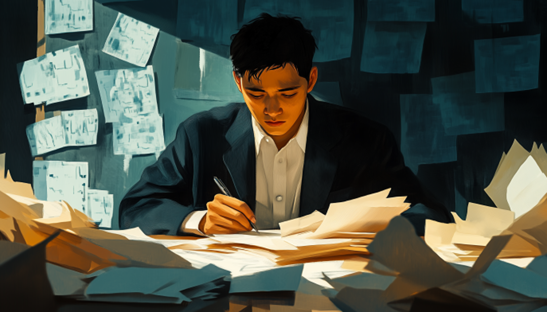 Focused professional strategizing at desk showing ENTJ personality dedication to ambitious career goals.