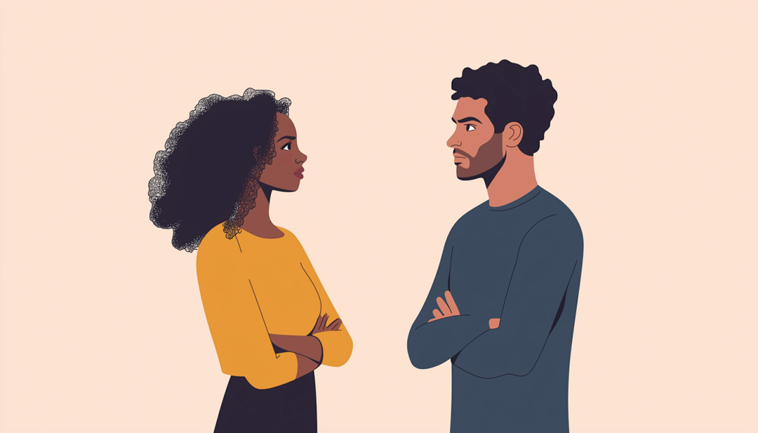 ESFJ compatibility one-sided matches shown through couple with crossed arms and tense body language.