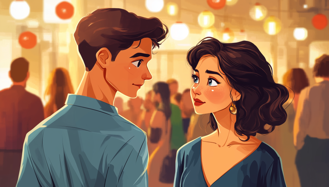 ESFJ compatibility average matches illustrated by couple at social gathering with warm lighting and crowd.