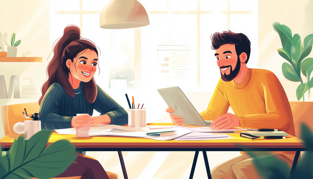 ESFJ compatibility best matches depicted by happy couple collaborating at table in bright home workspace.