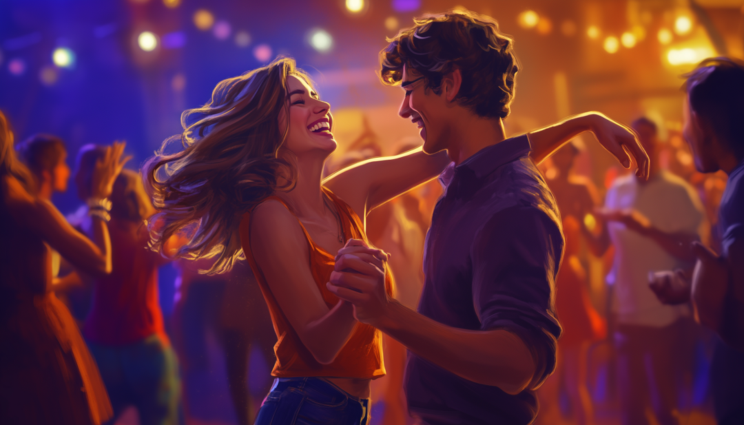 ESFJ compatibility relationship needs shown through joyful couple dancing together at vibrant social event.
