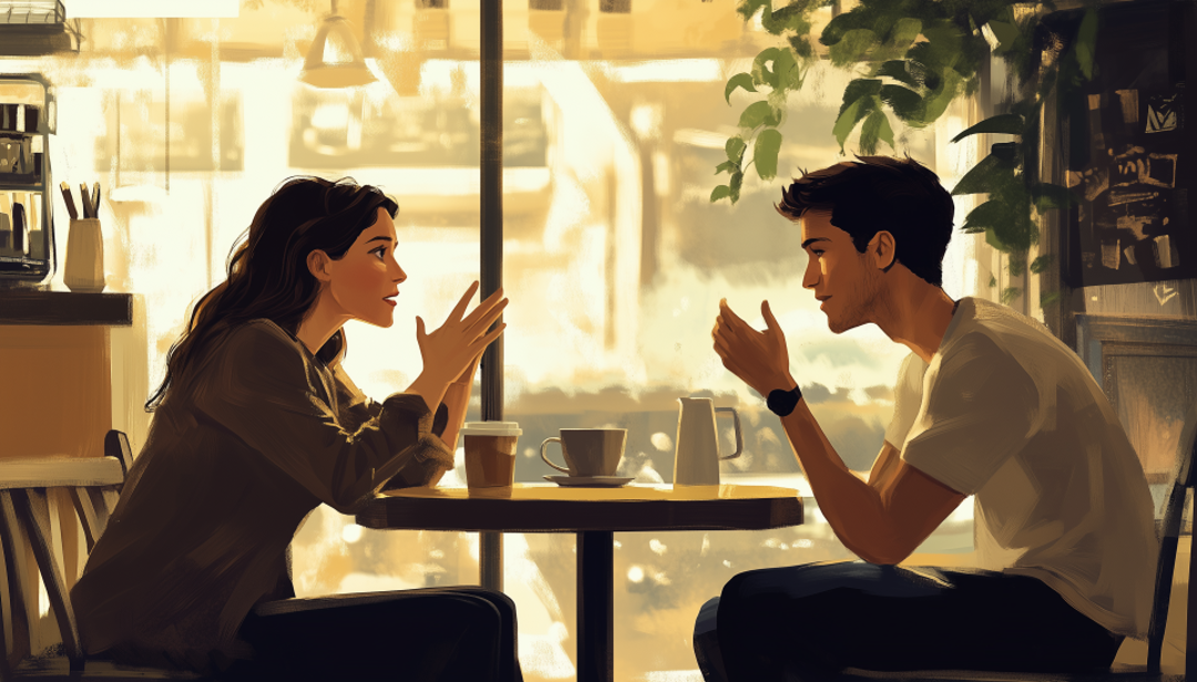 ESFJ compatibility worst matches shown through couple in animated discussion at cafe with expressive gestures.