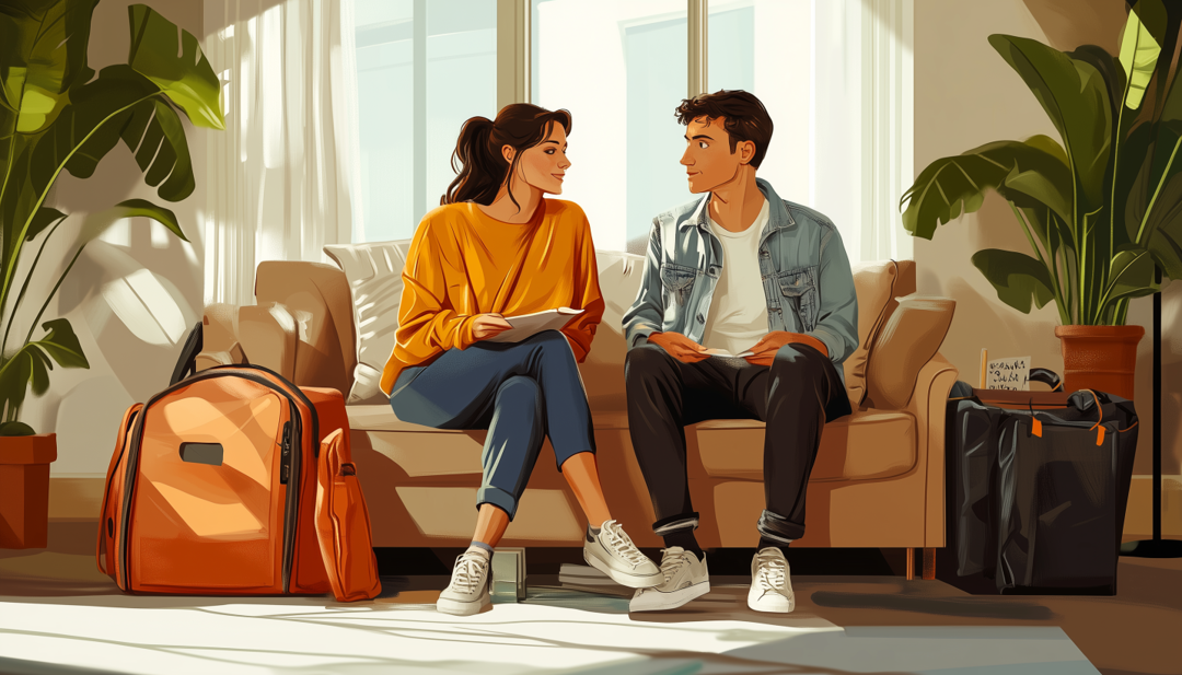 ESFP compatibility average matches shown through couple in conversation with travel bags in bright sunny room.