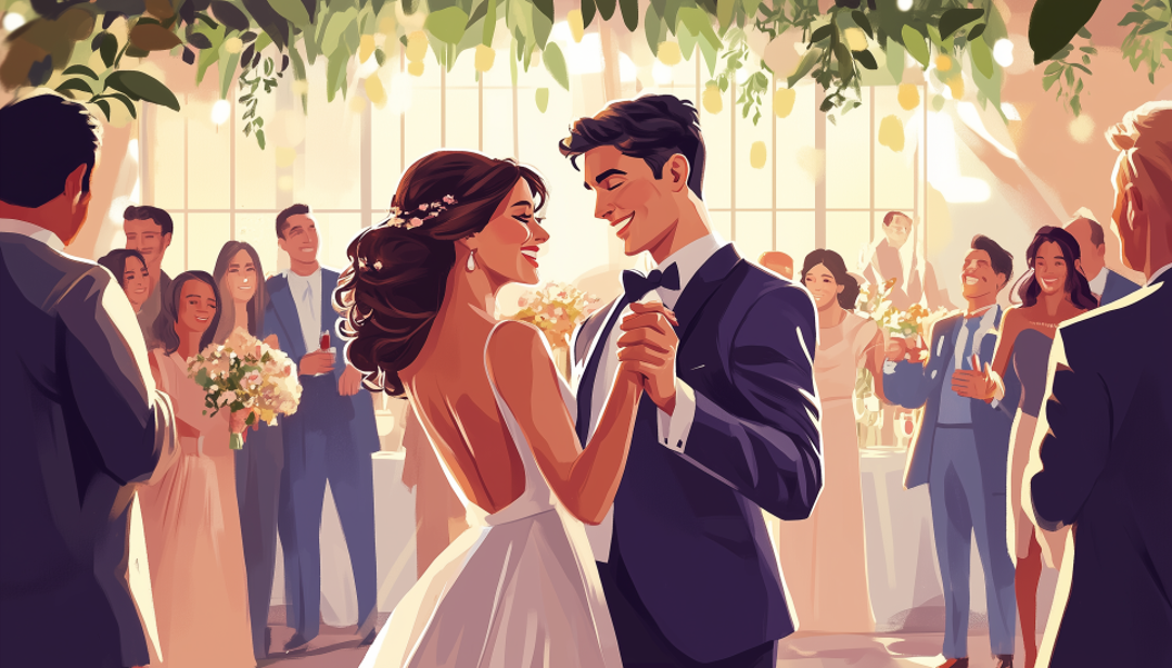 ESFP compatibility and emotional connection illustrated by couple dancing at elegant wedding celebration with guests.