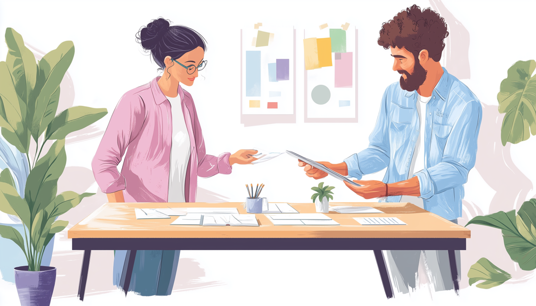 ESFJ compatibility relationship traits depicted by couple sharing documents and collaborating at organized workspace.