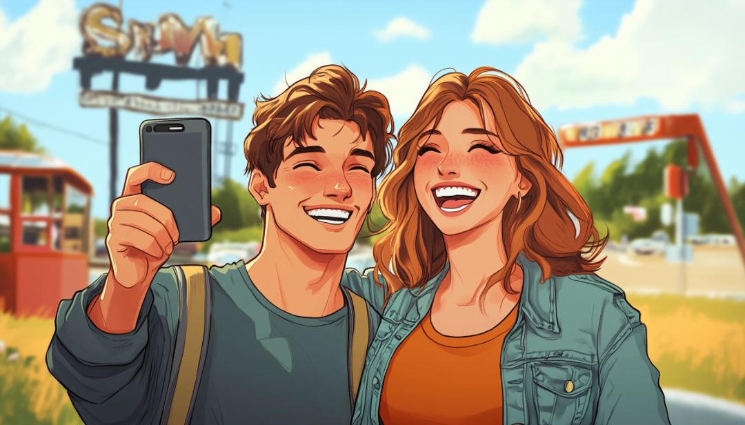 ESFP compatibility best matches depicted by joyful couple taking selfie on spontaneous outdoor adventure.