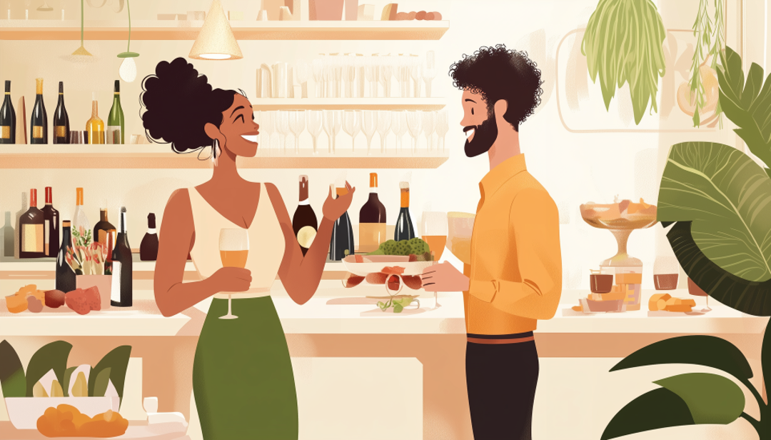 ESTJ compatibility in relationships depicted by couple enjoying wine and conversation at elegant home bar.