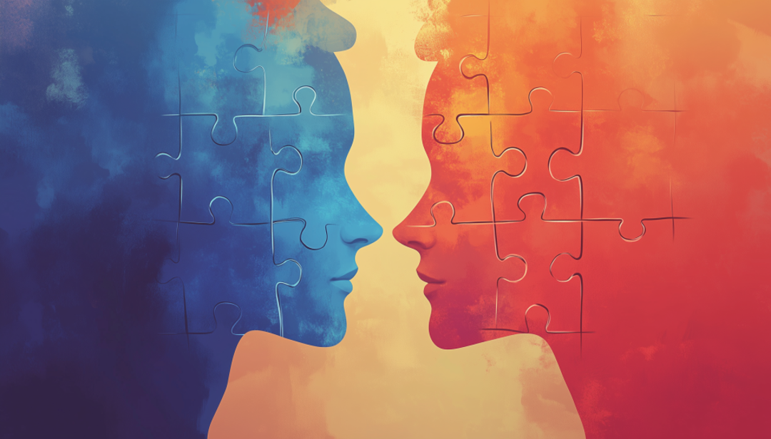 ESTJ compatibility relationship needs shown through puzzle piece silhouettes representing partners fitting together.