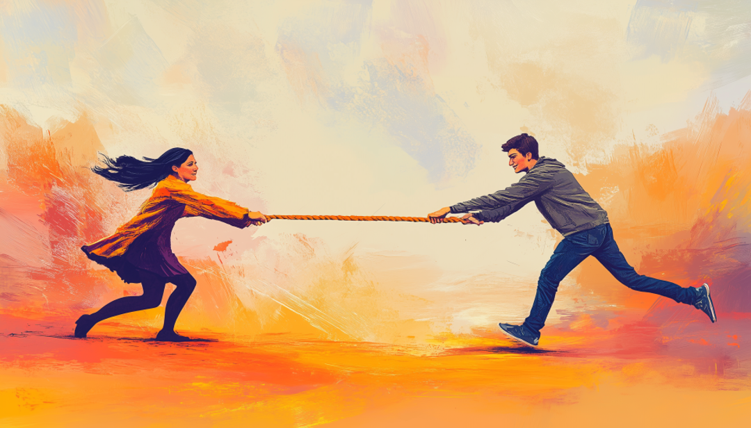 ESTJ compatibility one-sided matches depicted by couple in tug-of-war showing relationship power struggle.